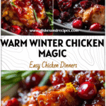 Plated cranberry orange chicken with bright cranberry orange sauce and sprigs of rosemary for a festive dinner.